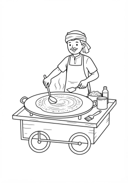 Voir le coloriage Cuisinier de rue indien préparant des crêpes salées dosa dorées sur une plaque chaude