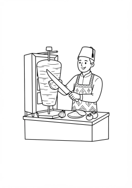 Voir le coloriage Vendeur de rue de Istanbul préparant des kebabs tournants grillés sur une broche
