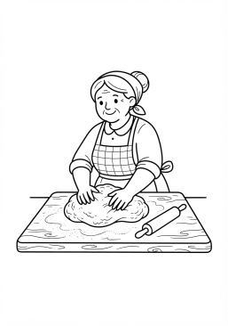 Voir le coloriage Grand-mère italienne pétrissant à la main une pâte à pâtes fraîche sur une planche en bois