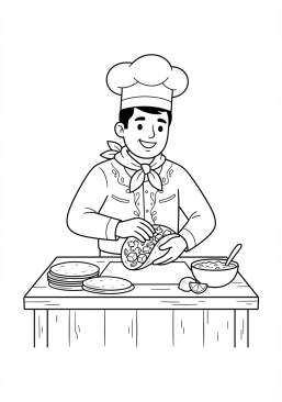 Voir le coloriage Chef mexicain préparant des tacos authentiques avec de la salsa et des tortillas fraîches