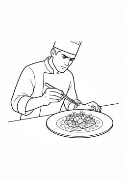 Voir le coloriage Chef étoilé dressant une assiette gastronomique avec une précision chirurgicale et des herbes