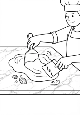 Voir le coloriage Gros plan alléchant d'un chocolatier tempérant du chocolat noir brillant sur une table en marbre