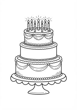 Voir le coloriage Gâteau d'anniversaire à plusieurs étages recouvert de glaçage rose et de bougies allumées