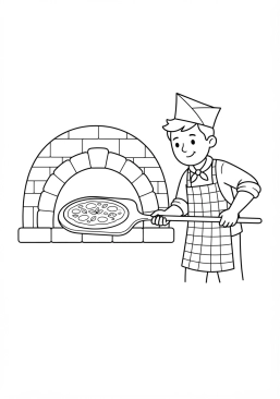 Voir le coloriage Pizzaiolo napolitain enfournant une pizza fraîche dans un four à bois traditionnel