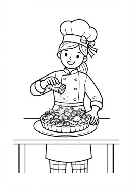 Voir le coloriage Pâtissier saupoudrant du sucre glace sur une tarte aux fruits rouges délicate