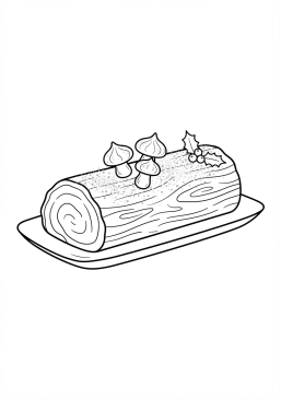 Voir le coloriage Bûche de Noël traditionnelle décorée de sucre glace et de champignons en meringue