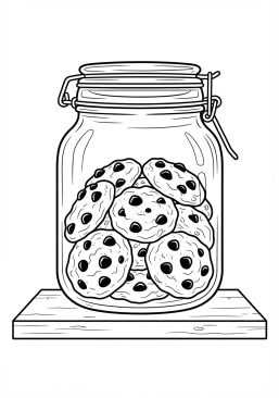 Voir le coloriage Bocal en verre transparent rempli de cookies aux pépites de chocolat faits maison