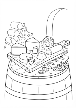 Voir le coloriage Plateau de fromages français variés avec du pain et du raisin dans une cave à vin