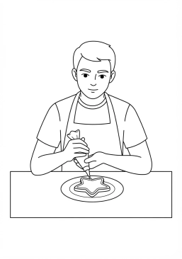 Voir le coloriage Jeune homme décorant les contours d'un biscuit sablé avec du glaçage royal