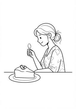 Voir le coloriage Jeune femme découvrant un gâteau au chocolat riche et fondant à la cuillère