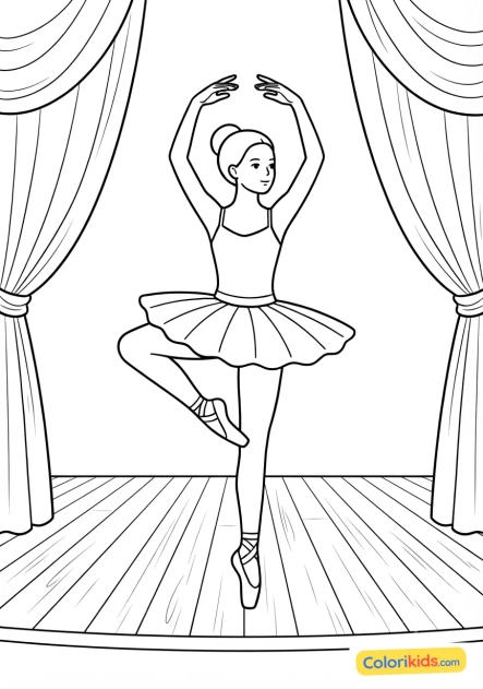 Desenho para colorir para imprimir: ballerina posando com graça no centro do palco