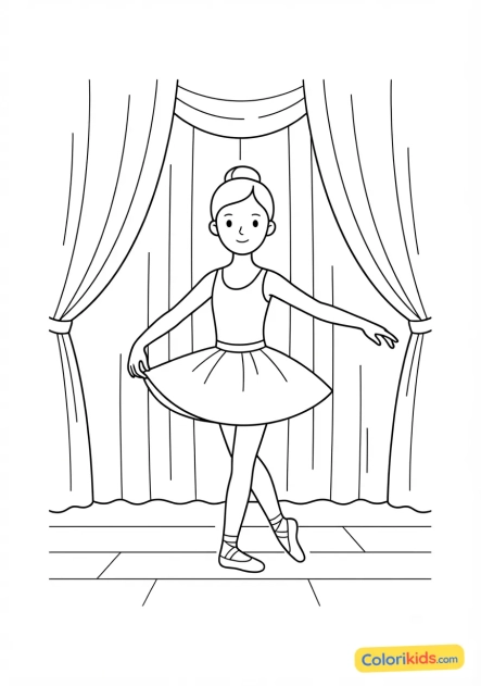 Ausmalbild zum Ausdrucken: ballettprobe vor rotem Vorhang