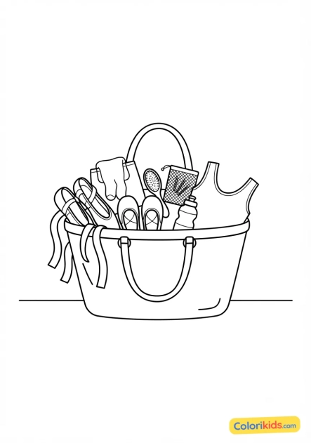 Dibujo para colorear para imprimir: bolsa de danza con accesorios y medias