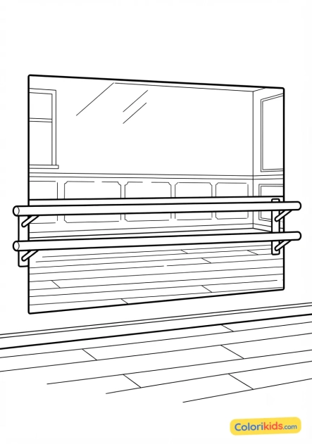 Desenho para colorir para imprimir: estúdio de dança com grandes espelhos e barras