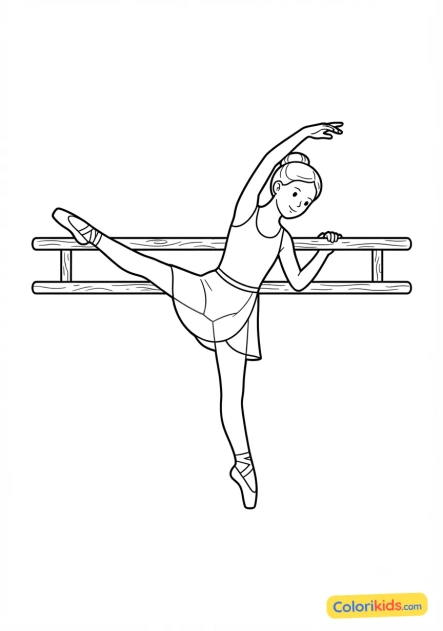 Ausmalbild zum Ausdrucken: junge Ballerina dehnt sich an der Stange
