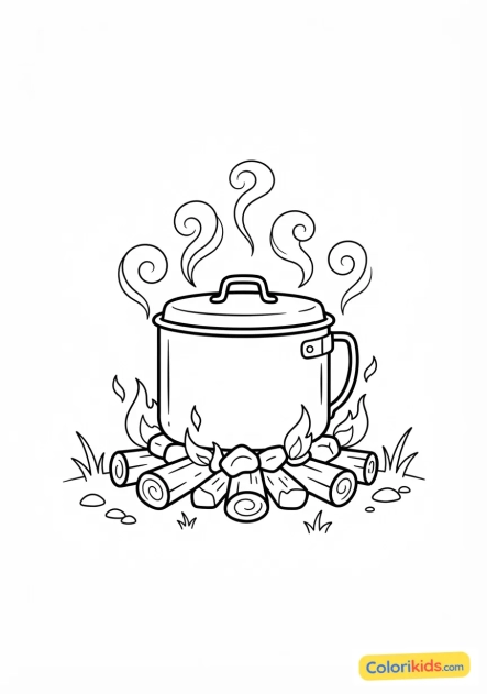 Coloriage à imprimer : casserole de camping en aluminium fumant sur les braises rougeoyantes d'un feu de bois