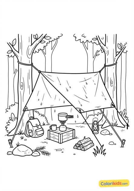 Ausmalbild zum Ausdrucken: biwak-Tarp zwischen Bäumen gespannt, um eine minimalistische KÃ¼chenecke vor Regen zu schützen