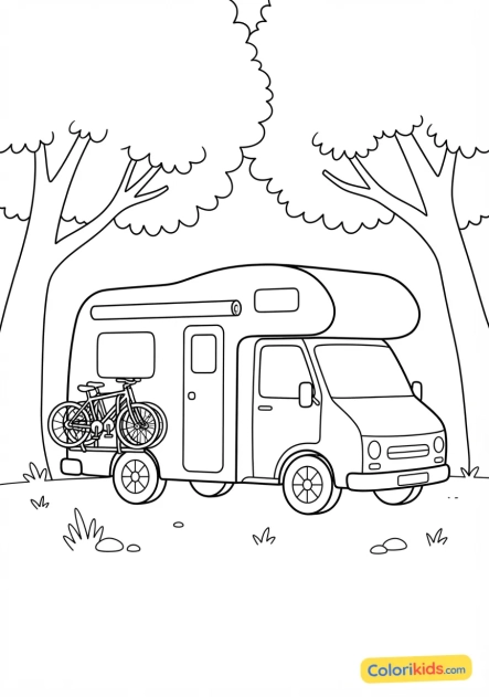 Coloriage à imprimer : camping-car garé sous les arbres avec des vélos fixés sur le porte-vélos arrière