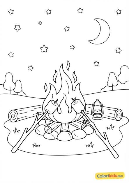 Coloriage à imprimer : feu de camp crépitant joyeusement sous les étoiles avec des guimauves grillant sur des branches