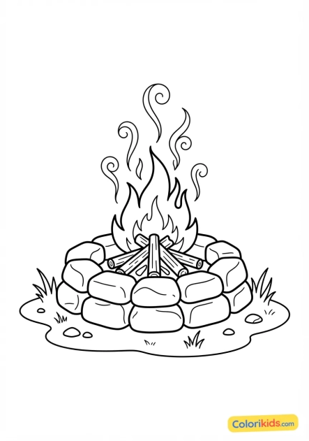 Coloriage à imprimer : feu de camp crépitant dans un foyer en pierres dressé au centre du campement de nuit