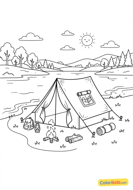 Coloriage à imprimer : tente de camping canadienne dressée sur une pelouse verdoyante au bord d'un lac paisible