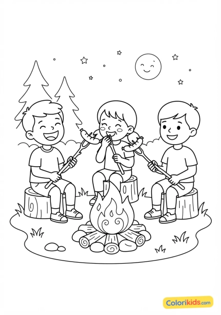Coloriage à imprimer : enfants riant en faisant griller des saucisses sur de longs picots en bois autour du foyer
