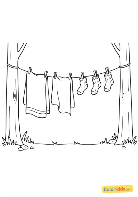 Coloriage à imprimer : corde à linge tendue entre deux arbres avec des serviettes de bain et des chaussettes mouillées