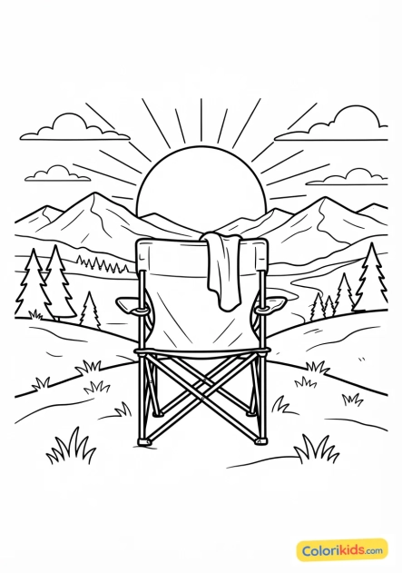 Coloriage à imprimer : fauteuil de camping pliable et confortable installé face au coucher du soleil sur la colline