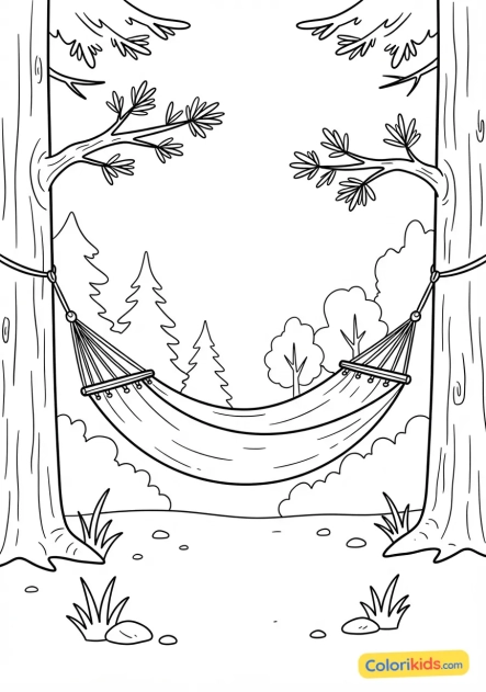 Coloriage à imprimer : hamac confortable suspendu entre deux grands pins dans une forêt lumineuse