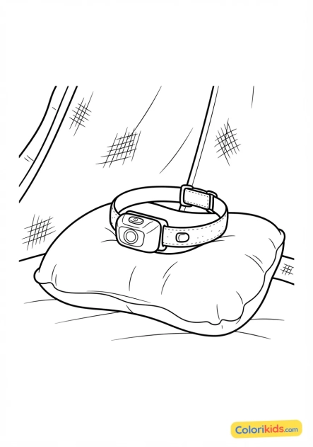 Coloriage à imprimer : lampe frontale élastique posée sur un oreiller de voyage à l'intérieur de la tente sombre