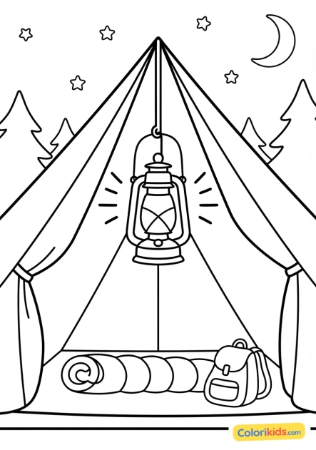 Coloriage à imprimer : lampe torche suspendue à l'intérieur de la toile d'une tente lors d'une veillée nocturne
