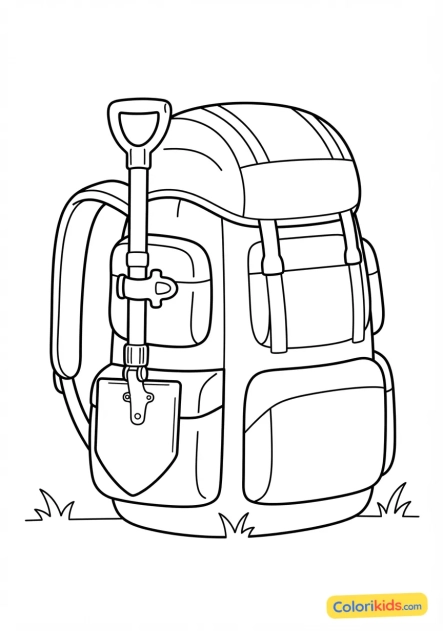 Coloriage à imprimer : pelle de camping pliante fixée sur le côté d'un sac à dos de grande randonnée