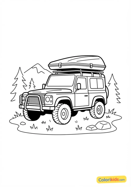 Coloriage à imprimer : tente de toit rigide installée sur le toit d'un 4x4 baroudeur au milieu de la nature