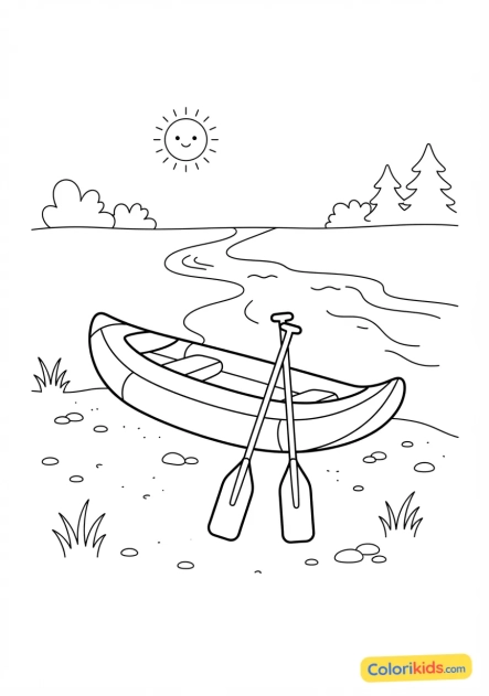 Coloriage à imprimer : canoë gonflable et pagaies posés sur le rivage sableux d'une rivière sauvage