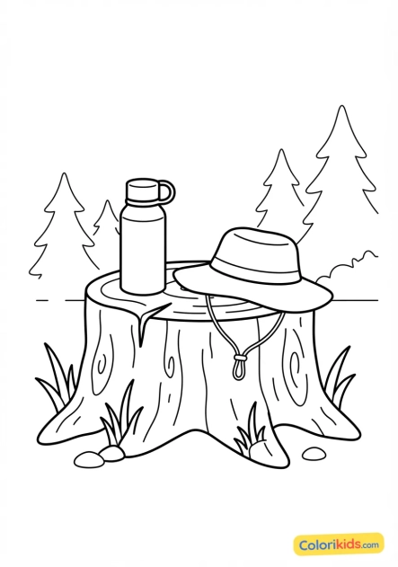 Coloriage à imprimer : bouteille d'eau isotherme et chapeau de randonnée posés sur une souche de bois ensoleillée