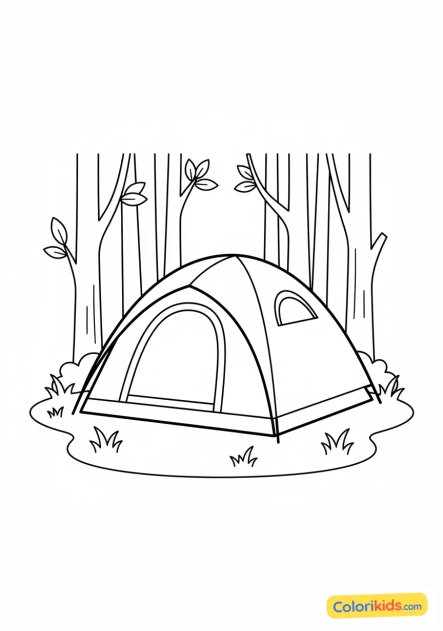 Coloriage à imprimer : tente dôme moderne montée sur un emplacement herbeux d'un camping boisé