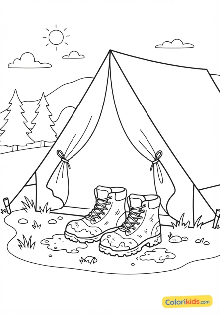 Coloriage à imprimer : chaussures de randonnée boueuses laissées soigneusement à l'entrée de la toile de la tente