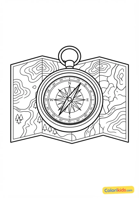 Coloriage à imprimer : boussole de poche dorée ouverte posée sur une carte géographique détaillée