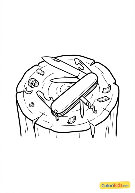 Coloriage à imprimer : couteau suisse multifonction ouvert posé sur une bûche avec des copeaux de bois