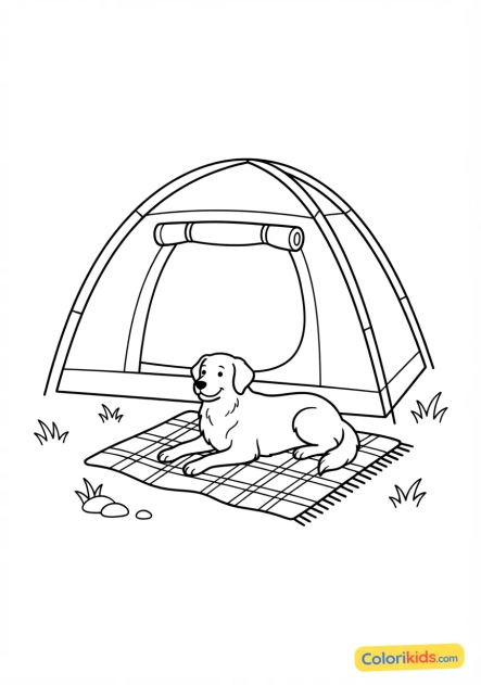 Coloriage à imprimer : chien de compagnie sagement couché sur une couverture de camping devant la tente ouverte