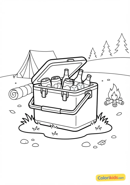 Coloriage à imprimer : glacière portable remplie de boissons fraîches posée sur l'herbe près d'un campement