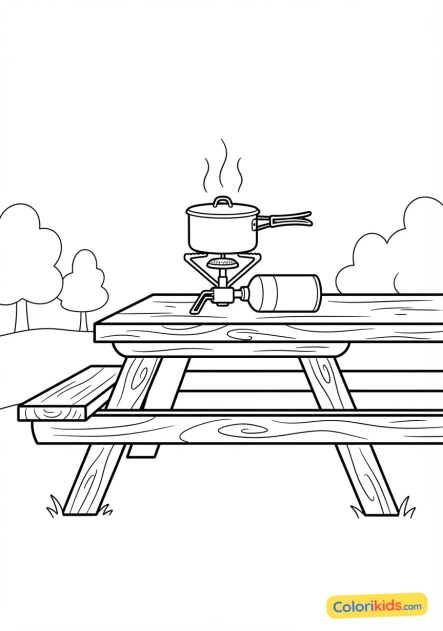 Coloriage à imprimer : réchaud à gaz portable posé sur une table de pique-nique en bois avec une casserole d'eau