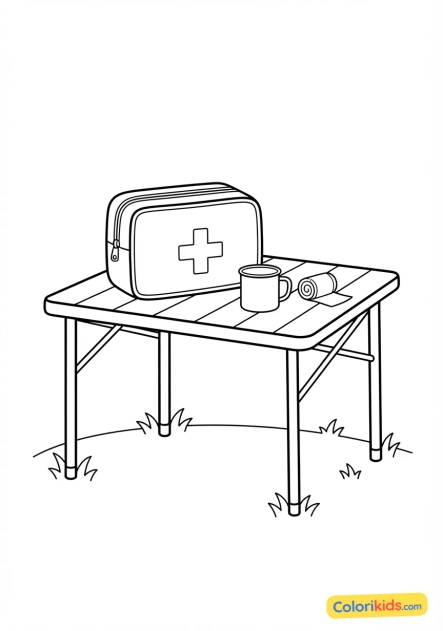 Coloriage à imprimer : trousse de premiers secours rouge avec une croix blanche posée sur une table de camping