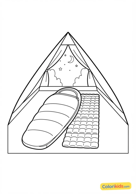 Coloriage à imprimer : sac de couchage déroulé à côté d'un matelas de sol isolant à l'intérieur de la tente