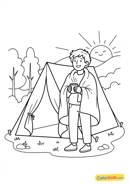 Coloriage à imprimer : camper souriant tenant une tasse de café fumante au réveil devant sa tente au lever du jour