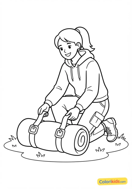 Coloriage à imprimer : jeune femme souriante ajustant les sangles de son sac de couchage avant le départ