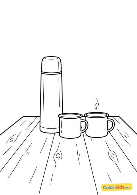 Coloriage à imprimer : thermos en acier inoxydable et tasses en émail posés sur une table en bois le matin