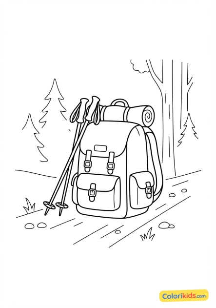 Coloriage à imprimer : sac à dos de randonnée robuste posé à côté de bâtons de marche sur un sentier forestier