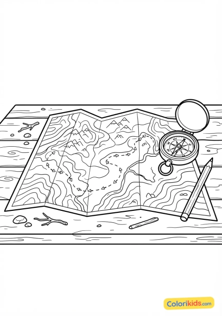 Coloriage à imprimer : carte topographique dépliée et boussole ancienne posées sur une table en bois pour tracer l'itinéraire