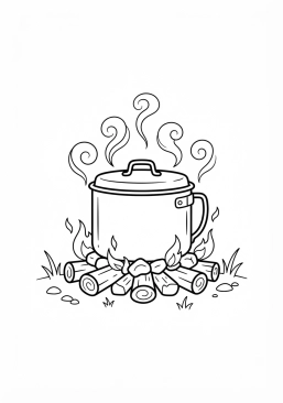 Voir le coloriage Casserole de camping en aluminium fumant sur les braises rougeoyantes d'un feu de bois